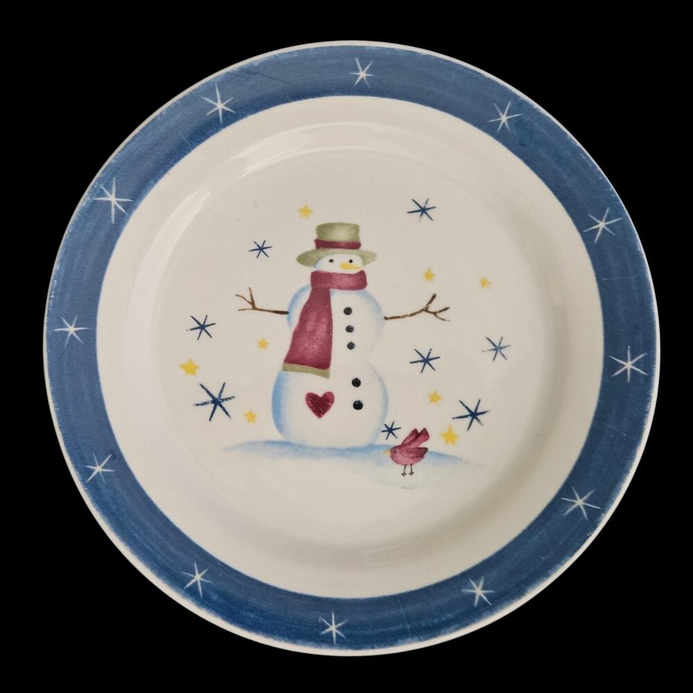 Snowman Winter Holiday Salad Plates Blue Rim Made in China Set of 3